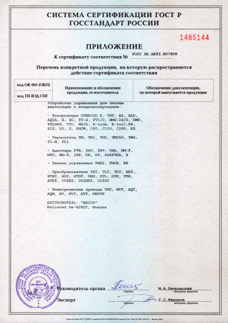 Приложение к сертификату соответствия на контроллеры, термостаты